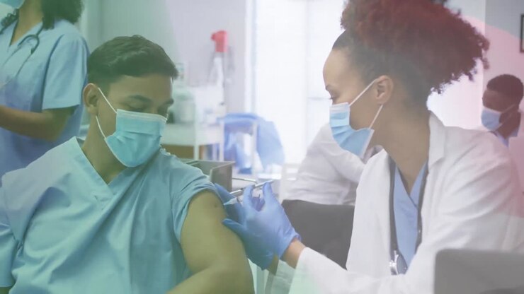 Animation of flag of italy with female doctor in face mask giving covid vaccination to male patient