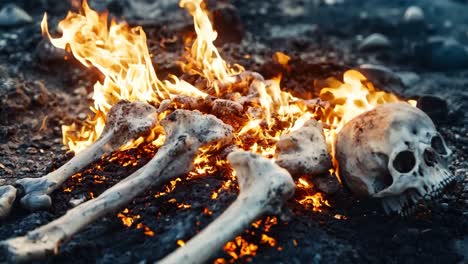un cráneo y huesos están ardiendo en el medio del suelo