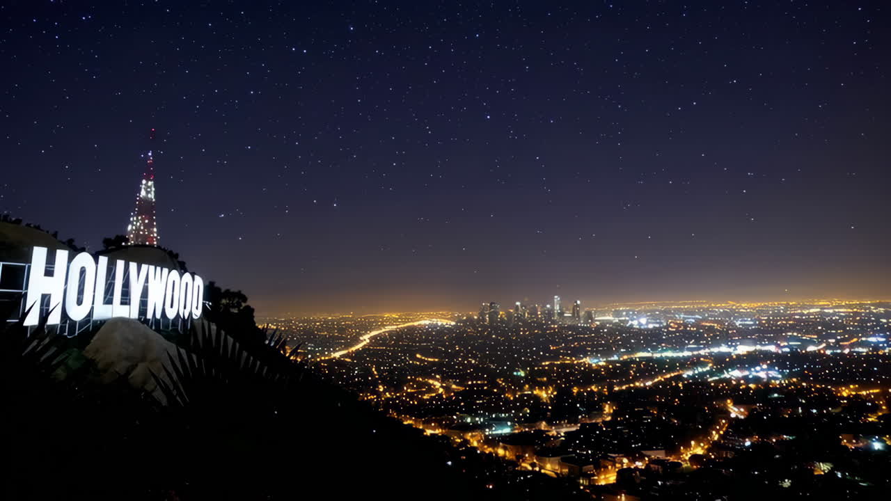 Night View of Hollywood Sign and Los Angeles Cityscape