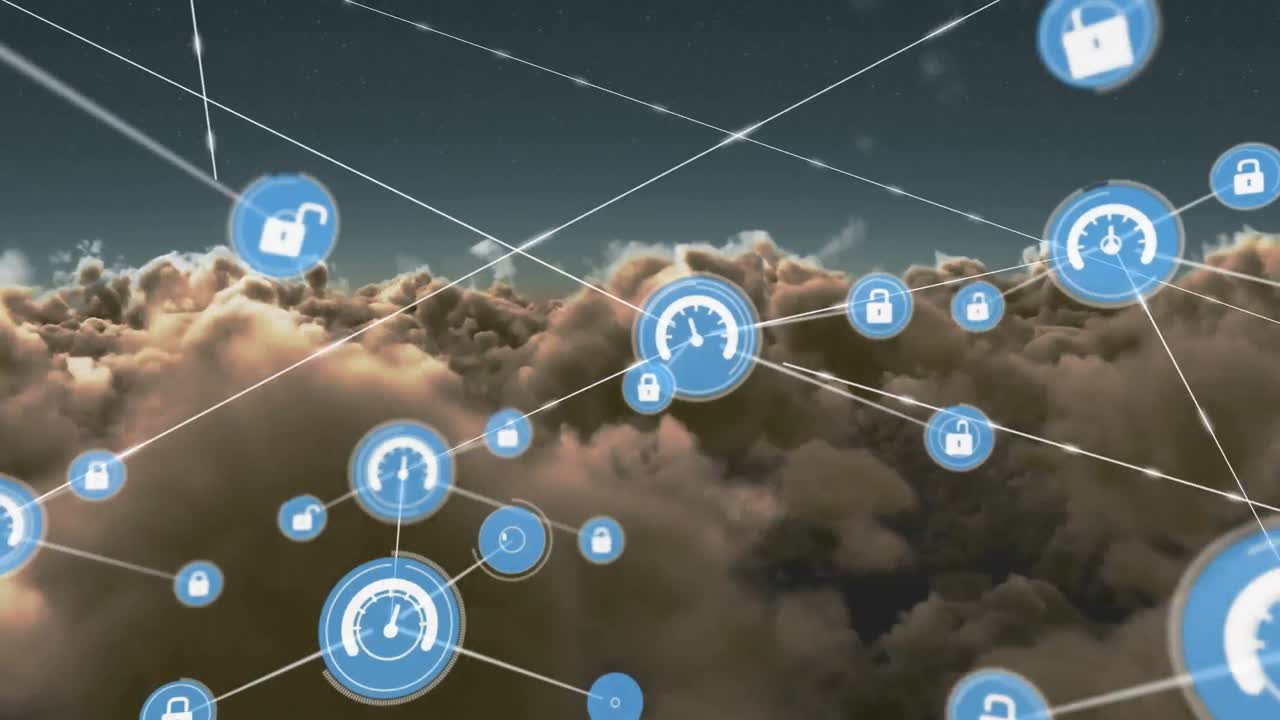 animación de la red de conexiones con iconos sobre nubes