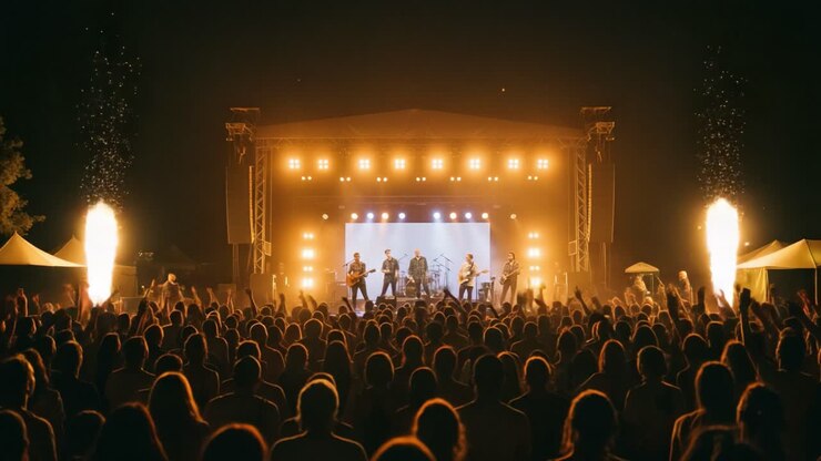 Un'esperienza di concerto elettrizzante catturata in fotogrammi dinamici, che mostra una band energica esibirsi sul palco tra folle esultanti e pirotecnici abbaglianti.
