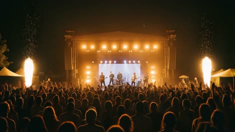 an electrifying concert experience captured in dynamic frames, showcasing an energetic band performing on stage amid cheering crowds and dazzling pyrotechnics