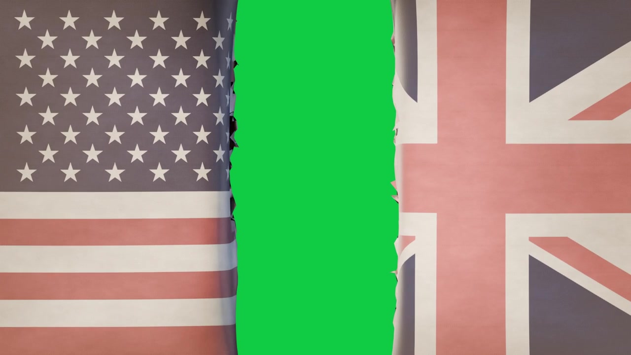 Sfocatura morbida iniziale, strappo verticale della bandiera USA che si stacca dalla Union Jack del Regno Unito, rivelando un'apertura con sfondo trasparente.