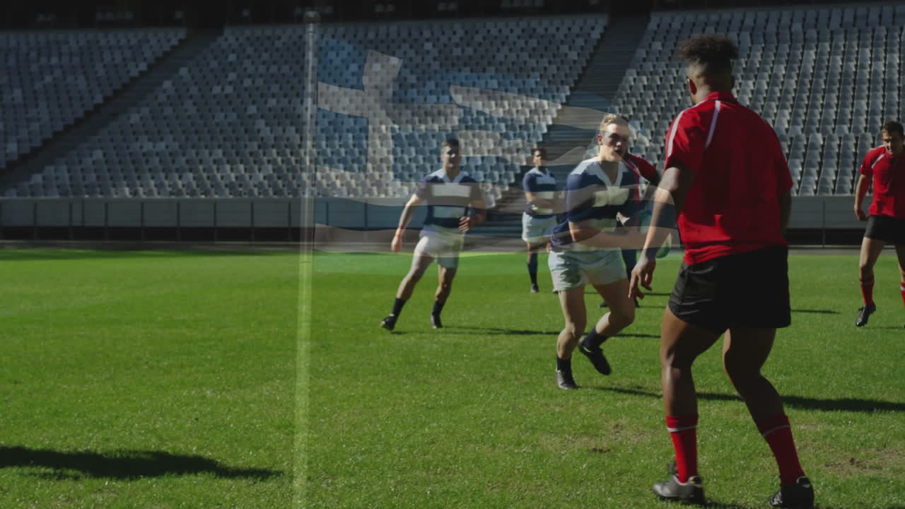 In stadium, rugby players competing on field with empty seats visible