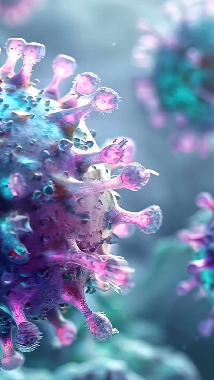 A close up of a virus with pink and blue colors. The virus is surrounded by a blue and purple background