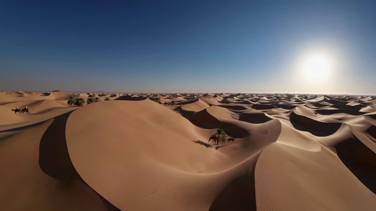 Aerial video captures vast desert dunes under a clear sky, with camels traversing