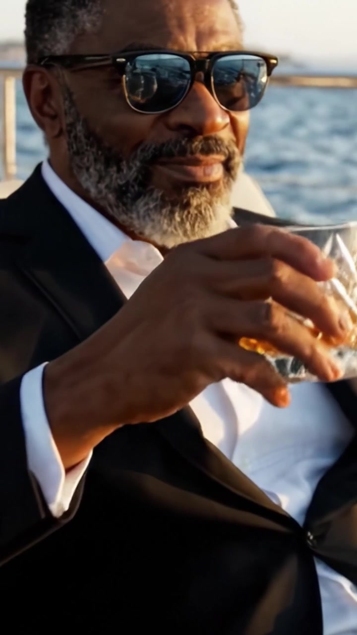 Relax con stile: un gentiluomo sofisticato si gode un bicchiere di whisky mentre si rilassa su uno yacht di lusso in un sereno paesaggio marino.