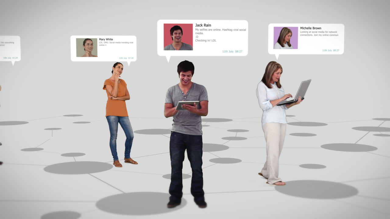 프로필 정보와 함께 연결 라인에 서 있는 캐주얼 사람들