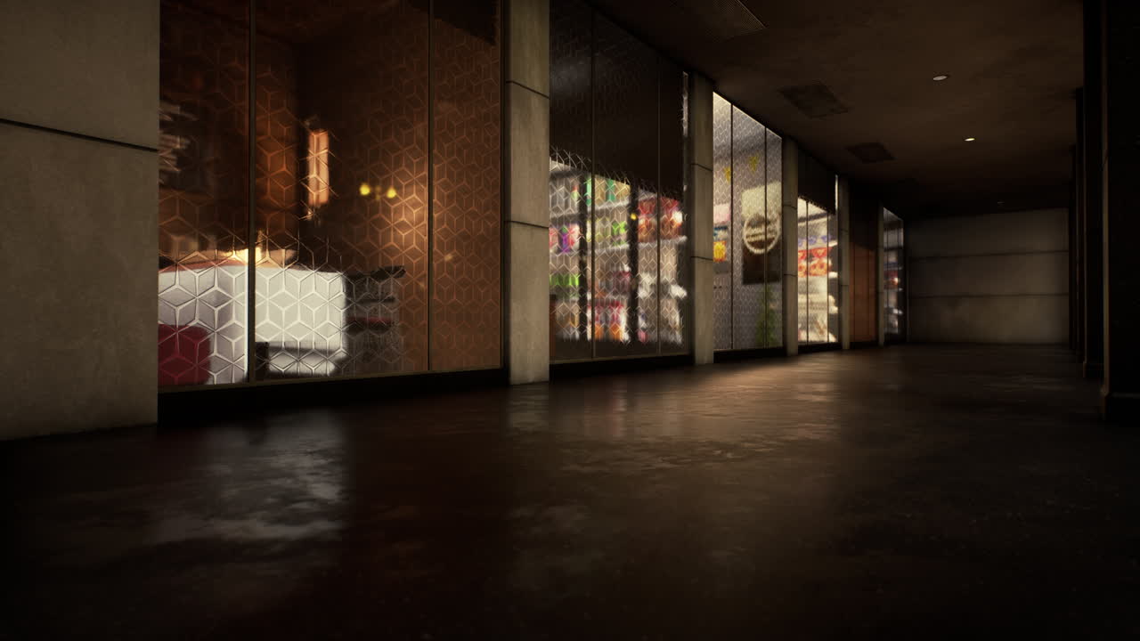 밤에는 상점 앞면이 있는 어두운 복도