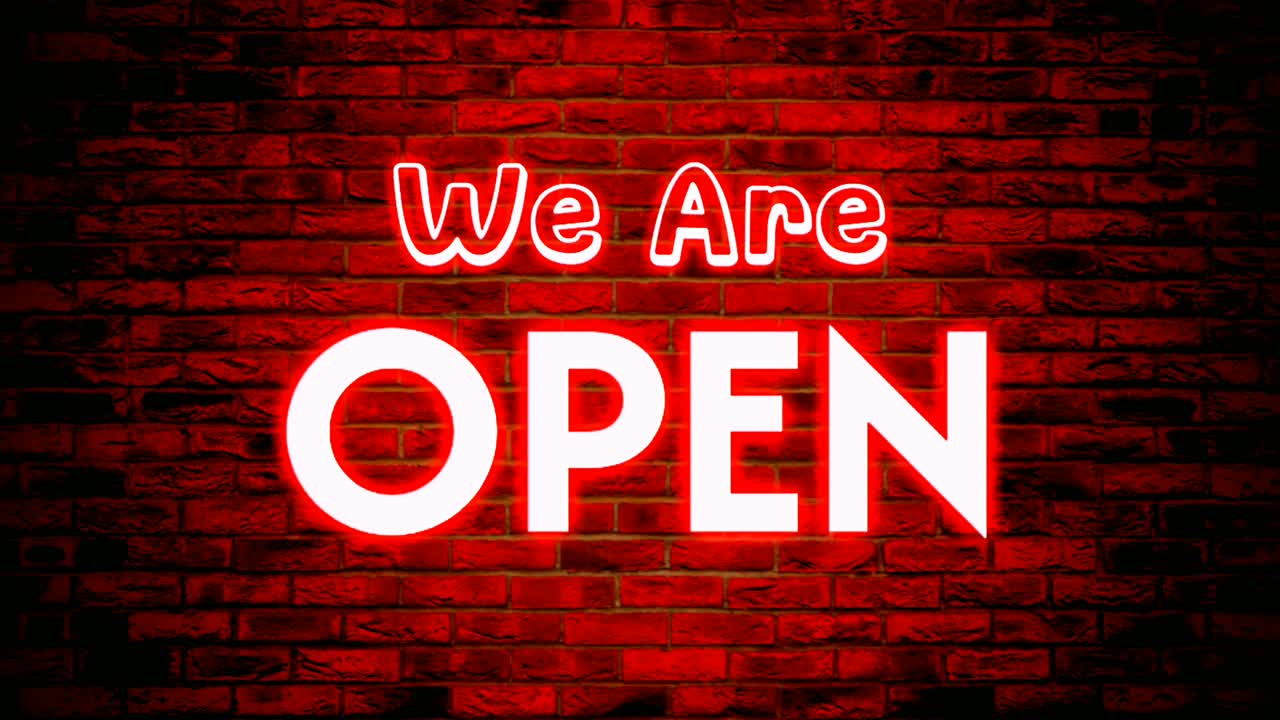 Open neon light text animation motion graphics with brick wall background