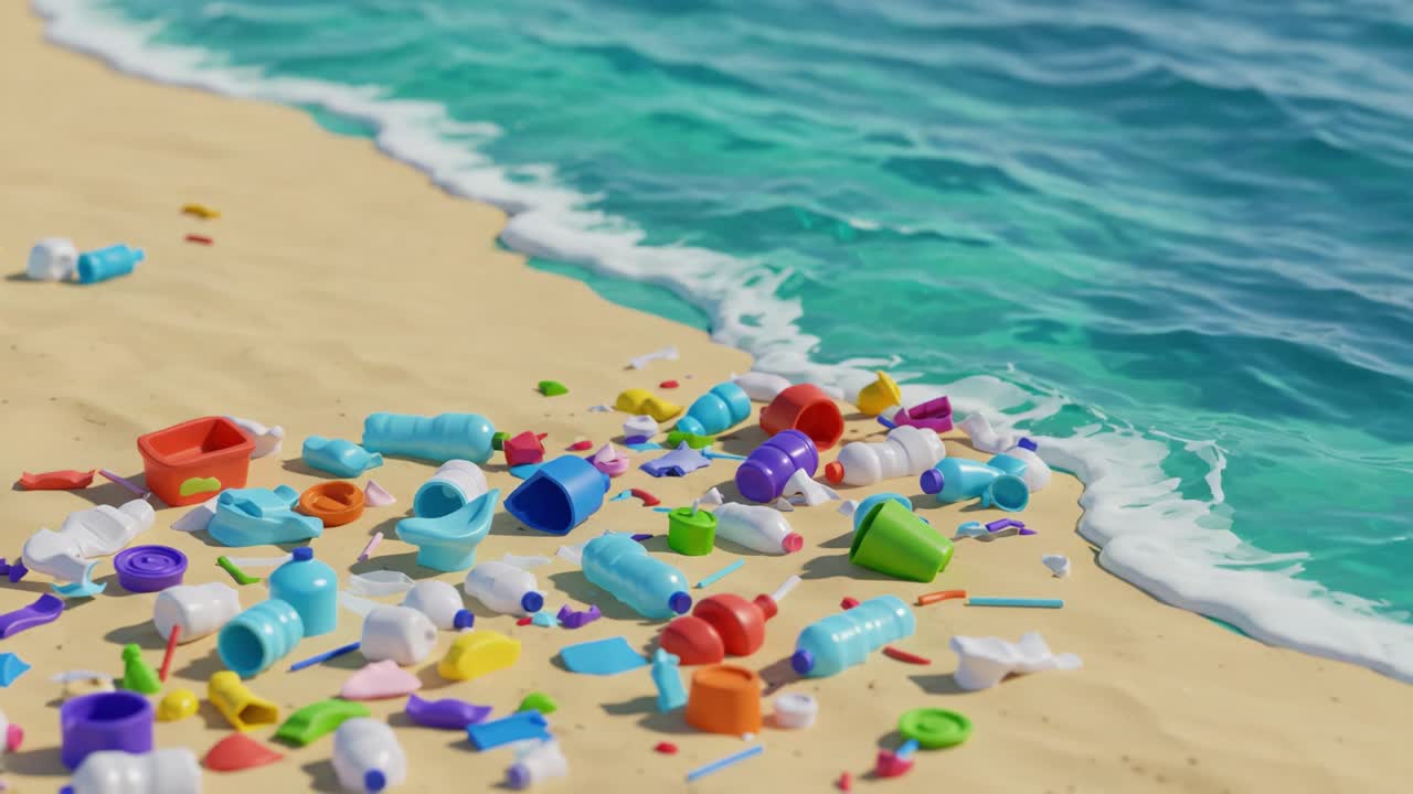 Colorful Plastic Debris Littering a Beach, Highlighting Environmental Pollution and Marine Waste Crisis Due to Human Activities in Coastal Areas