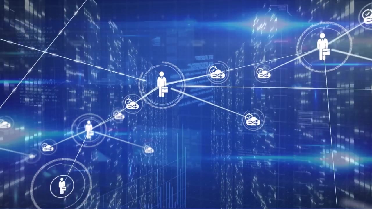 Animation of connected icons, bars, lens flares and computer language on blue background