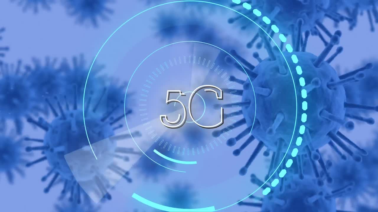 animación de 5g escrita sobre células de coronavirus que se propagan sobre un fondo azul.