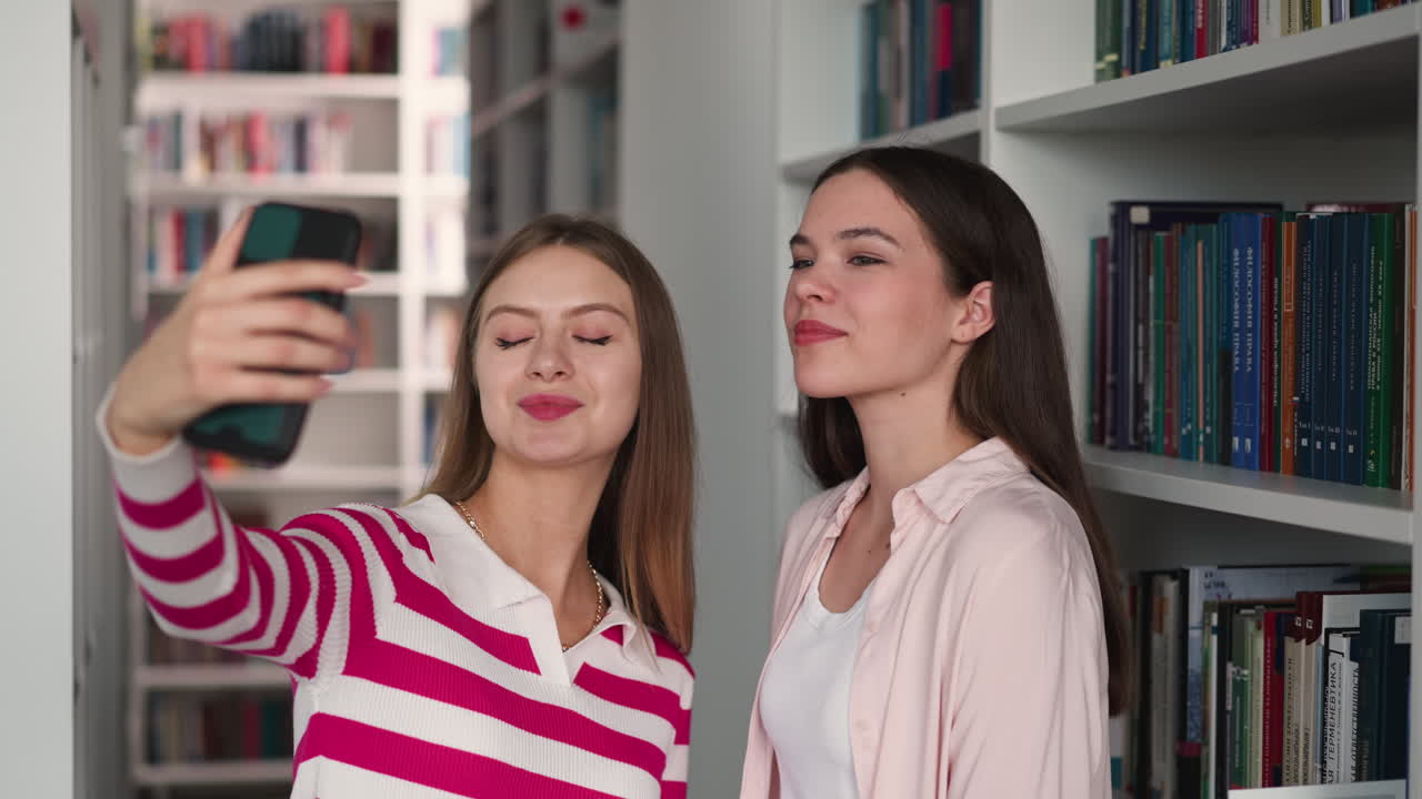 las mujeres se toman selfies contra las estanterías de libros. estudiantes bonitas amigas toman fotos para los medios sociales proyecto de acabado en la biblioteca. jóvenes bloggers en la librería
