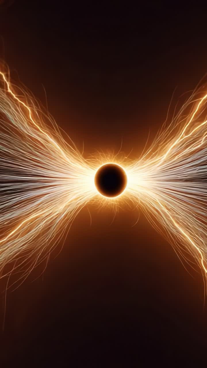 A stunning visual of energy and vibrational forces emanating from a central black sphere, creating a dramatic contrast with surrounding luminous strands representing dynamic motion and electromagnetic interaction