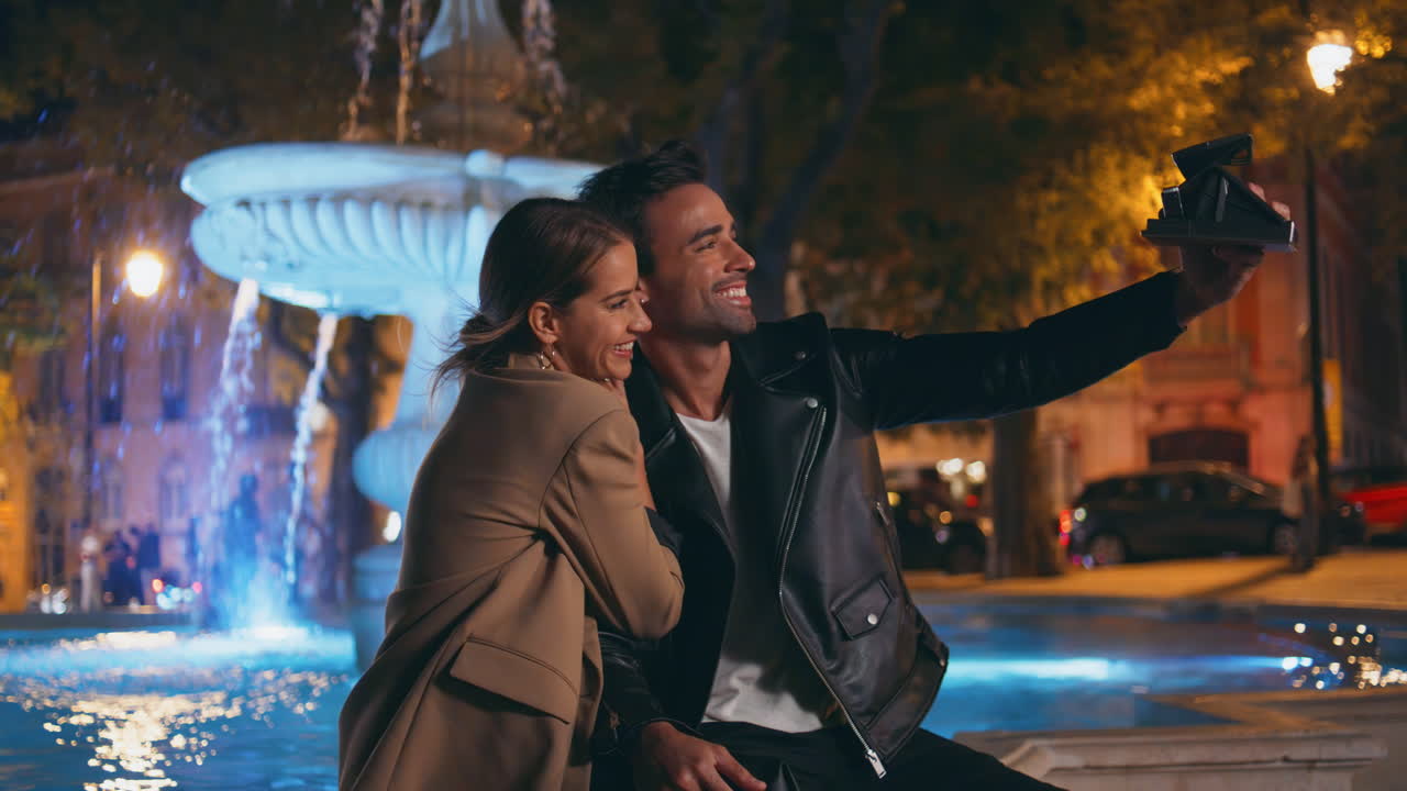 Loving couple making picture with instant camera in evening city. Happy lovers