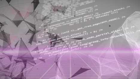 animación de procesamiento de datos y redes de plexus sobre una red de cuadrícula púrpura contra un fondo gris