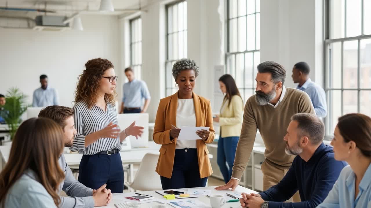 Engagerende teamsamarbejde: Professionelle samarbejder og diskuterer ideer i et moderne kontormiljø, hvilket fremmer kreativitet og innovation gennem effektiv kommunikation.