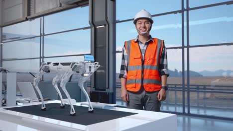 cuerpo lleno de ingeniero masculino asiático con casco de seguridad sonriendo a la cámara mientras está de pie en una fábrica de alta tecnología, analizando el concepto de máquina robótica