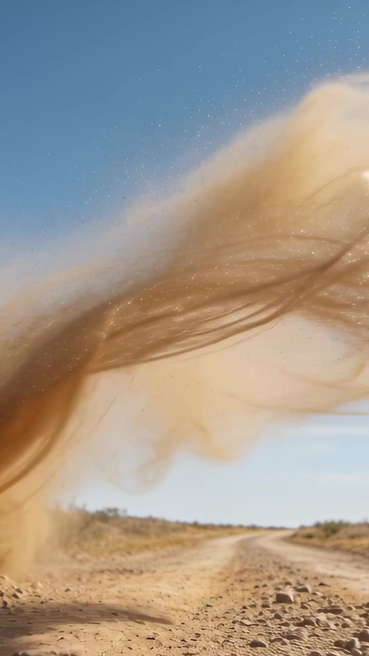 Video verticale: Vento impetuoso che solleva una colonna di polvere da un vortice a terra su una strada non asfaltata, scintillante.