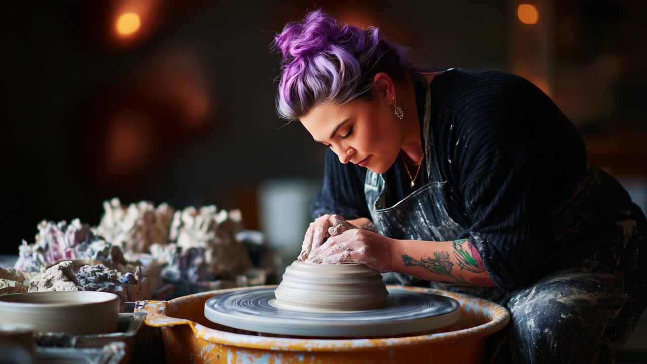Crafting Elegance: A Passionate Artist Shapes Clay on the Pottery Wheel, Showcasing Skill and Dedication in Each Precise Movement for a Beautiful Finished Piece