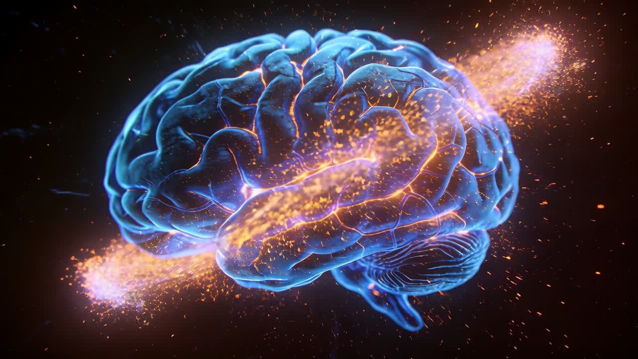 Forming particle band sparking 3D blue brain pulsing neural paths while rotating in space void