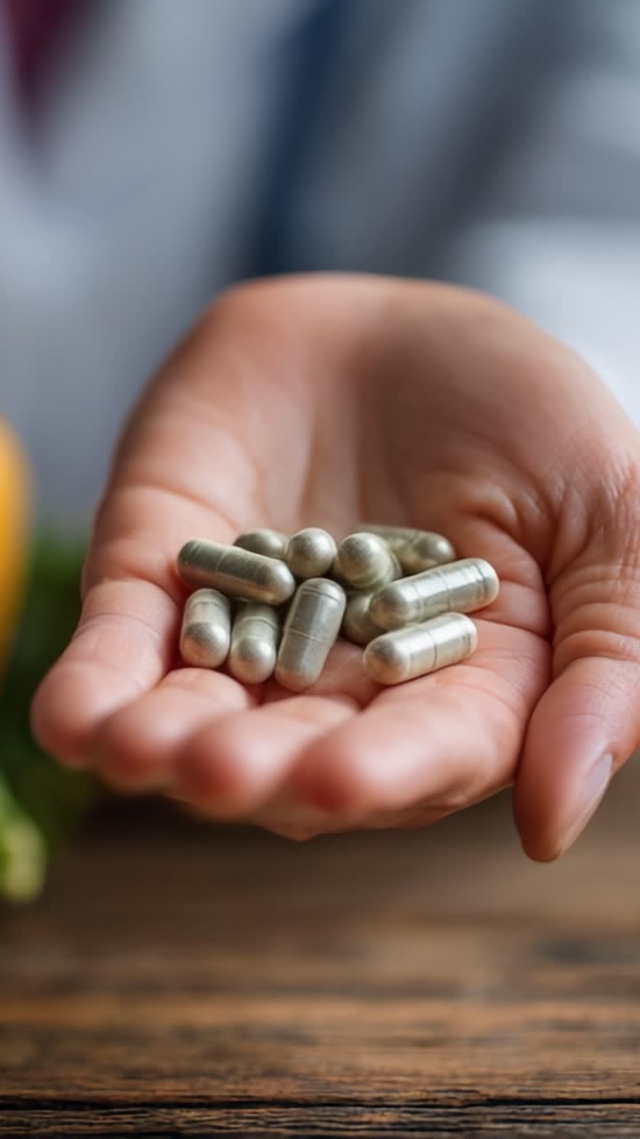 A close-up view of a hand holding several herbal capsules, illustrating natural health supplements and the importance of holistic wellness in daily life