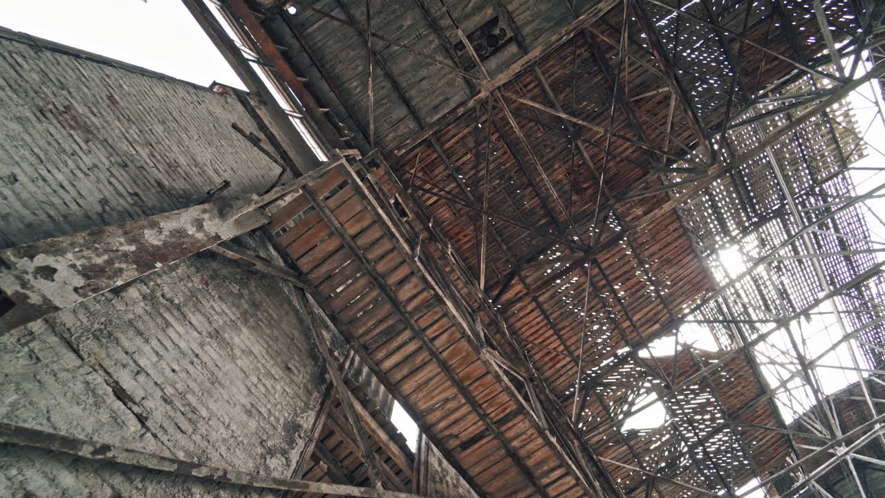 Abandoned ruined industrial factory building. Ruins and demolition concept