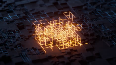 tecnología de placas de circuitos y líneas brillantes, renderización 3d.