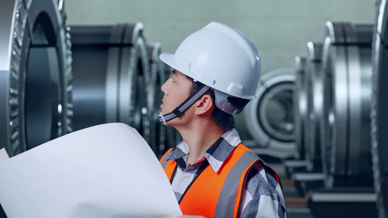 ingegnere che esamina i progetti in una fabbrica