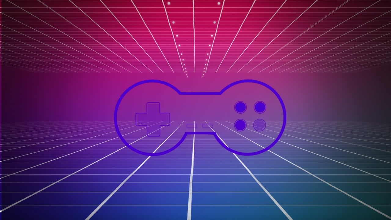 다채로운 배경에 그리드 위의 네온 게임 패드의 애니메이션