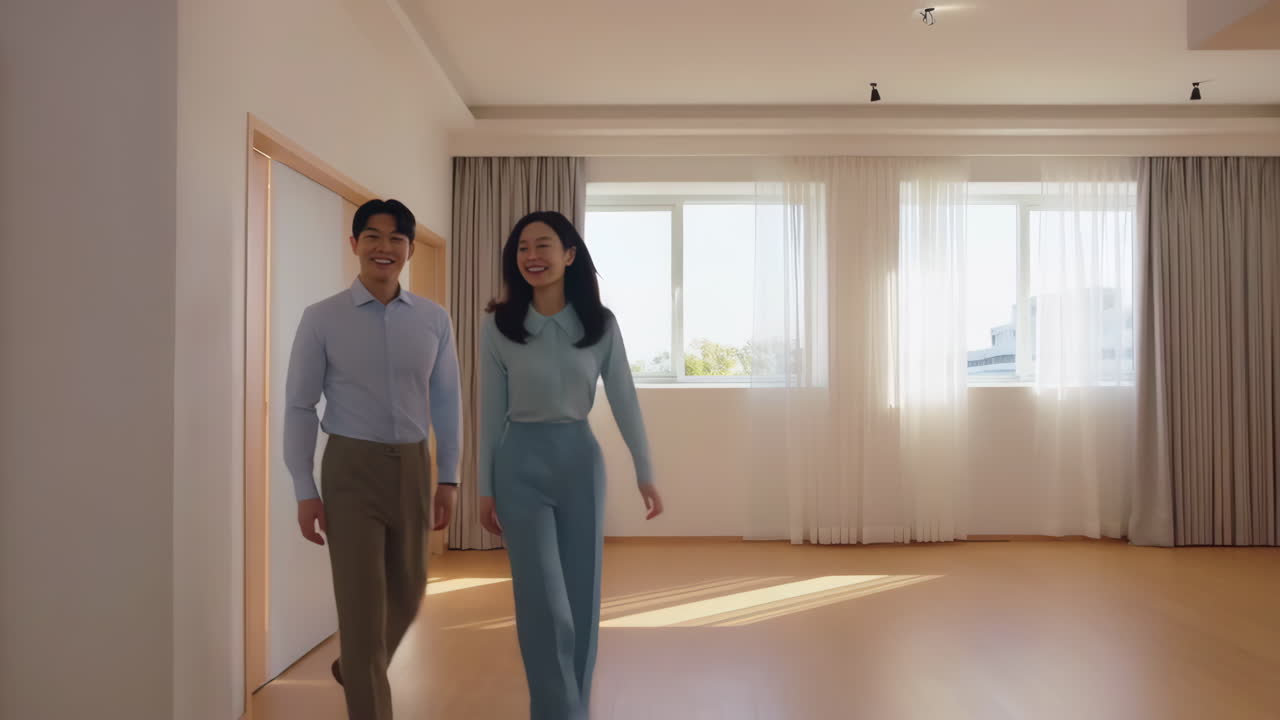Happy Young Asian Couple in Their New Empty Apartment