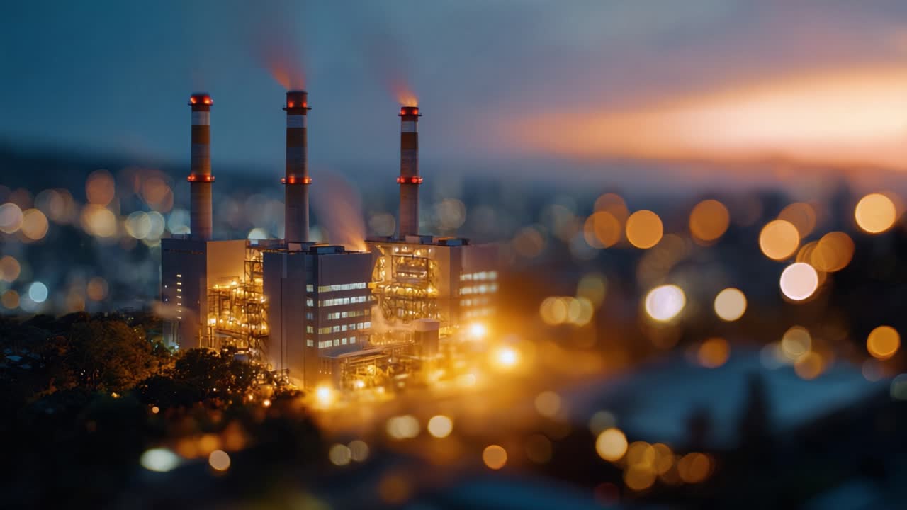 Centrale électrique industrielle au crépuscule, avec de la fumée s’échappant des cheminées, brillant de lumières chaudes et un magnifique paysage urbain en arrière-plan qui s’anime le soir.