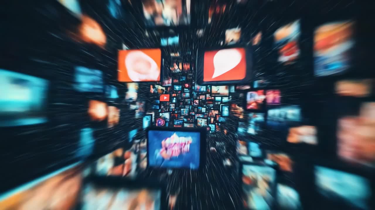 Dynamic video concept with a tunnel of screens, captured from a central angle, creating a sense