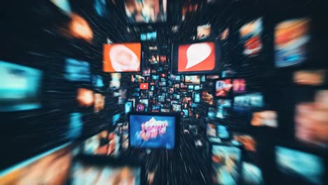 dynamic video concept with a tunnel of screens, captured from a central angle, creating a sense
