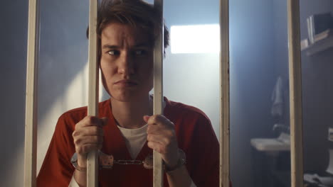 female inmate in handcuffs looking thoughtfully through prison cell bars