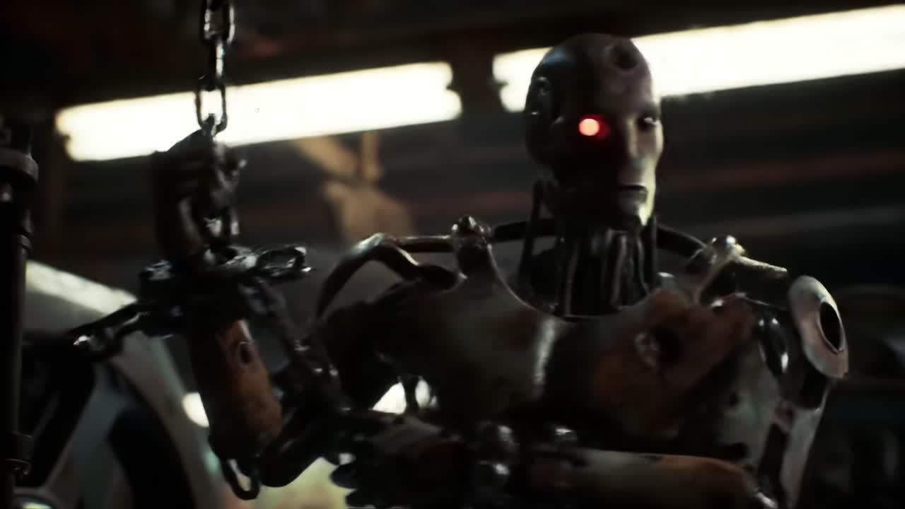 Advanced Robotic Sentinel in a Dimly Lit Workshop Setting, Showcasing Metallic Features, Glowing Eye, and Intricate Mechanical Design Amidst an Industrial Backdrop