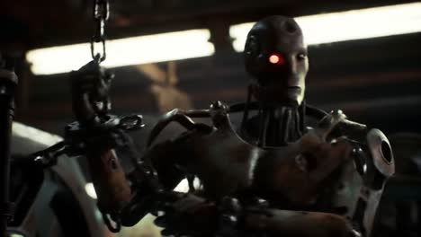 advanced robotic sentinel in a dimly lit workshop setting, showcasing metallic features, glowing eye, and intricate mechanical design amidst an industrial backdrop