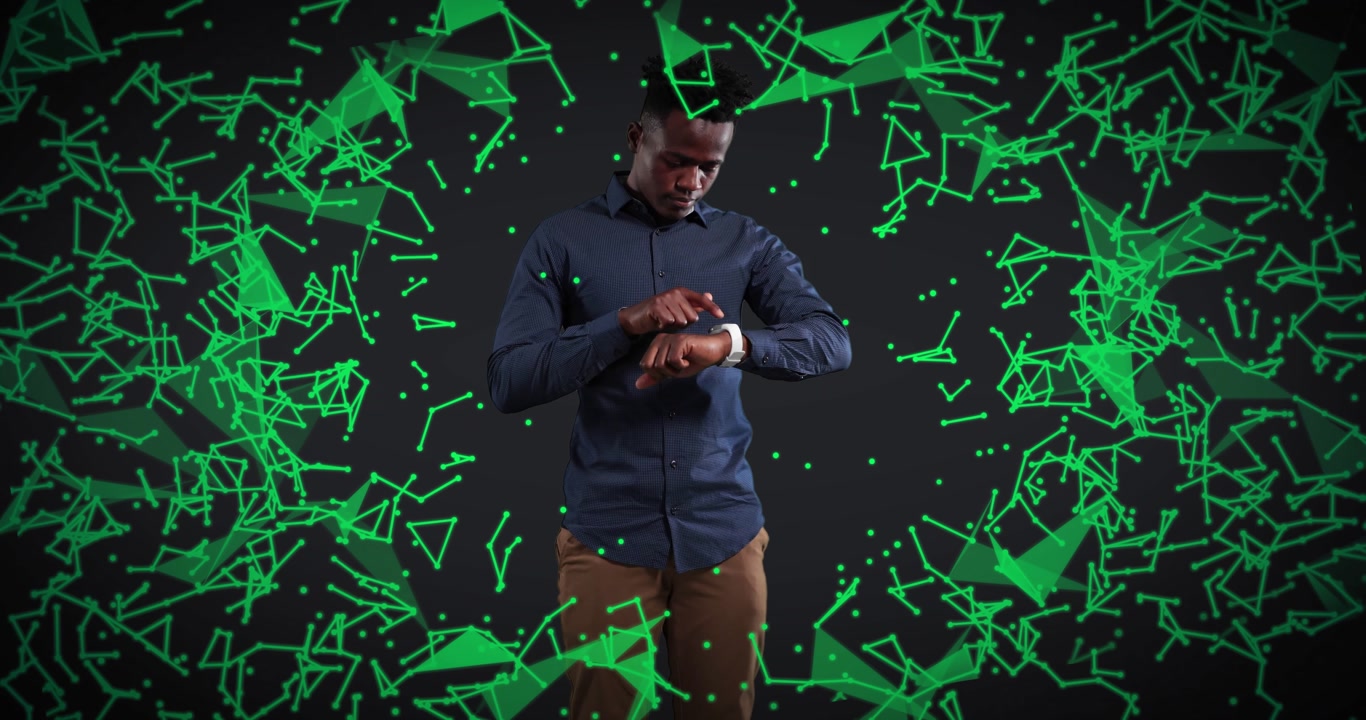 Man tapping smartwatch and generating pulsing green data network for technology demonstration
