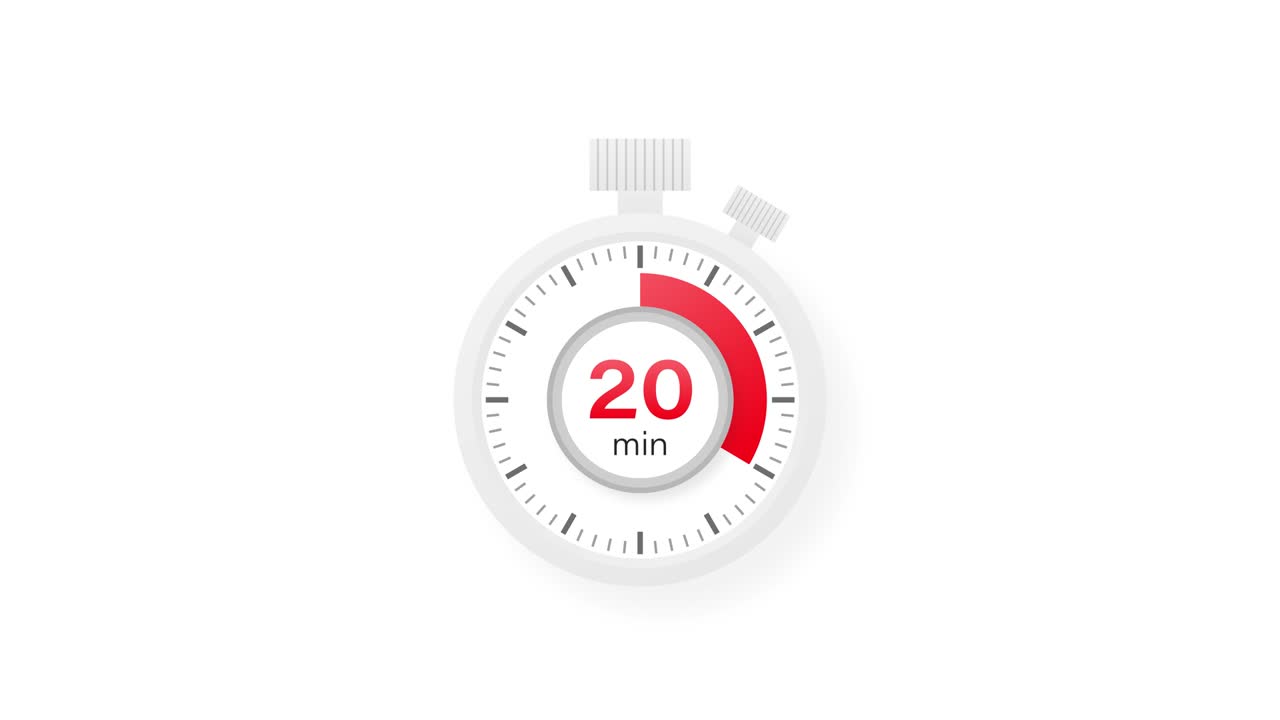 The 20 minutes timer. Stopwatch icon in flat style. Motion graphics.