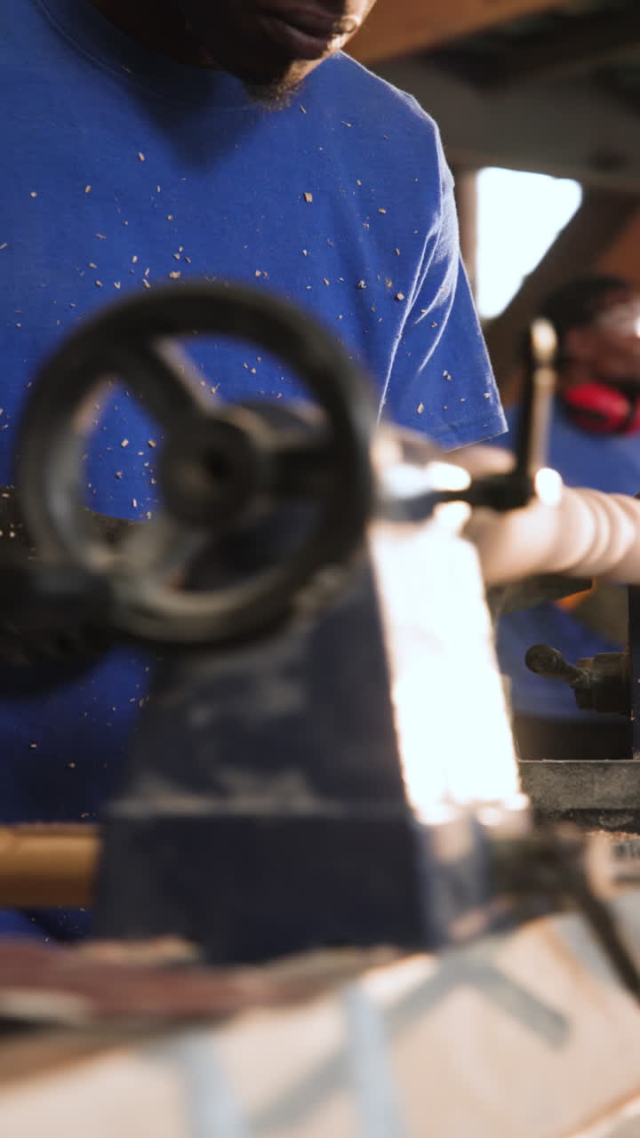 Vertical video: Donning gear African American man carving grooves on lathe in shop, copy space