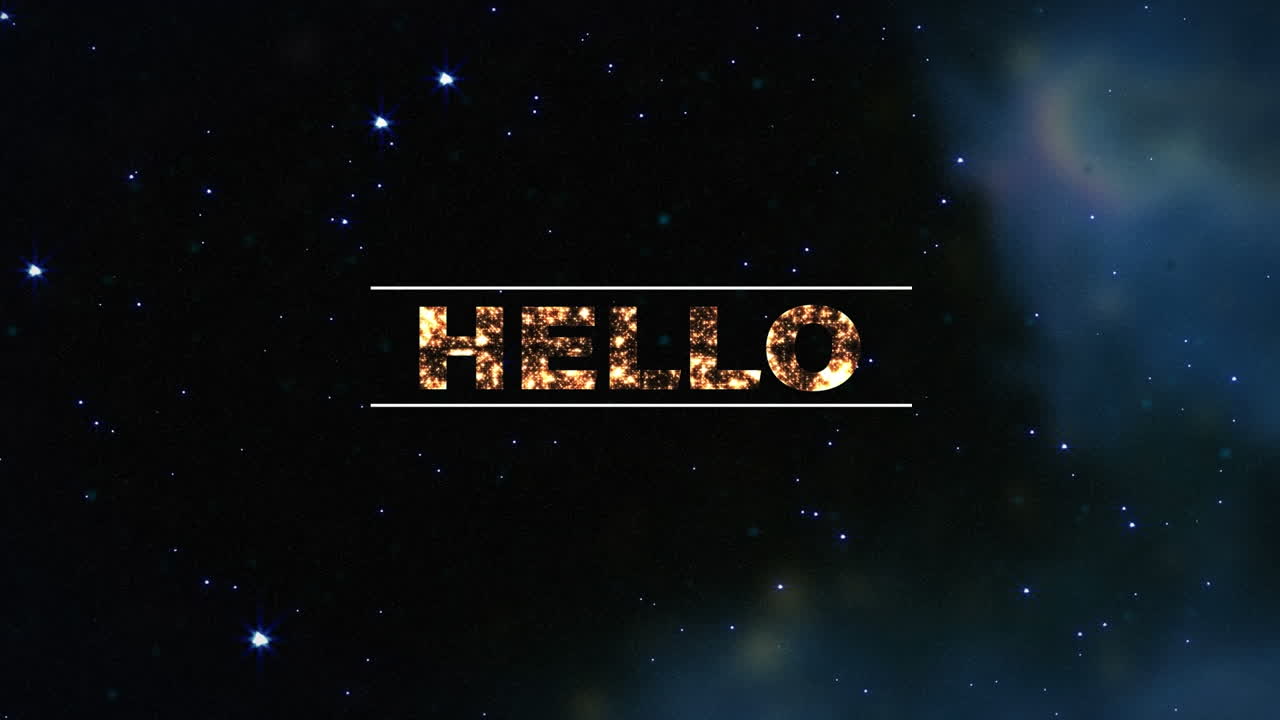 Animation of hello text over stars on dark background