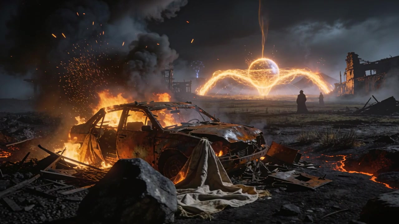 Smoldering burnt car on night plain embers rising sphere igniting dome cloaked watchers, copy space