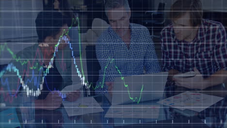 animation of data processing and diagrams over diverse business people discussing work