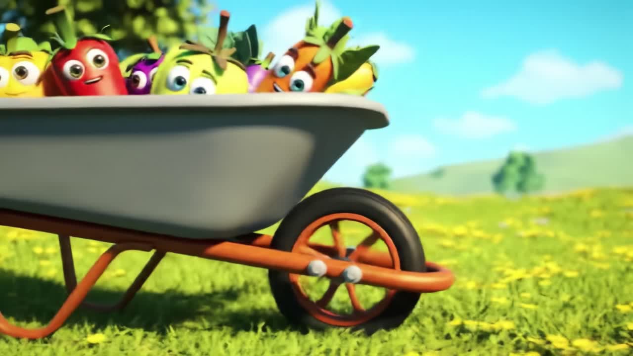 A Colorful Gathering of Friendly Fruits in a Wheelbarrow on a Sunny Day in a Vibrant Garden Setting, Showcasing Cheerful Characters Enjoying Nature