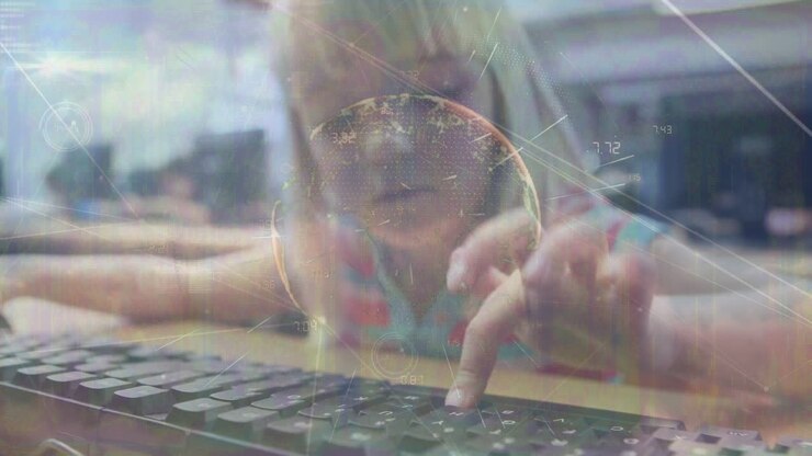 Globe and network of connections against caucasian girl using computer at school