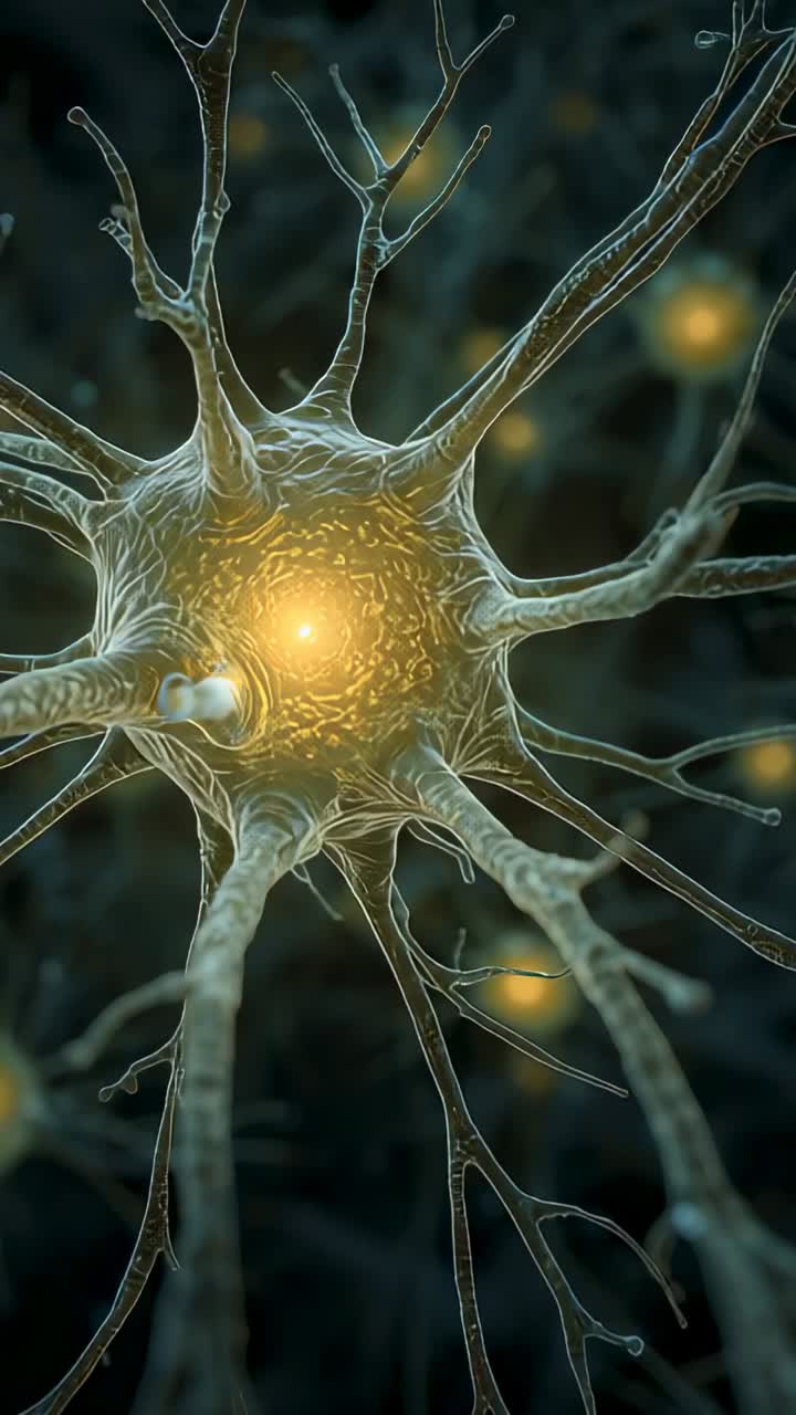 Vertical video: Glowing neuron soma intensifying flash along dendrites in neural network for signal