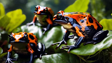 un grupo de ranas naranjas y negras sentadas en la parte superior de una hoja verde