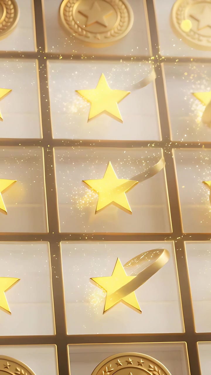 Video verticale: Illuminazione che scorre su un pannello UI, medaglioni d'oro che si sollevano e si trasformano in stelle attraverso una griglia.