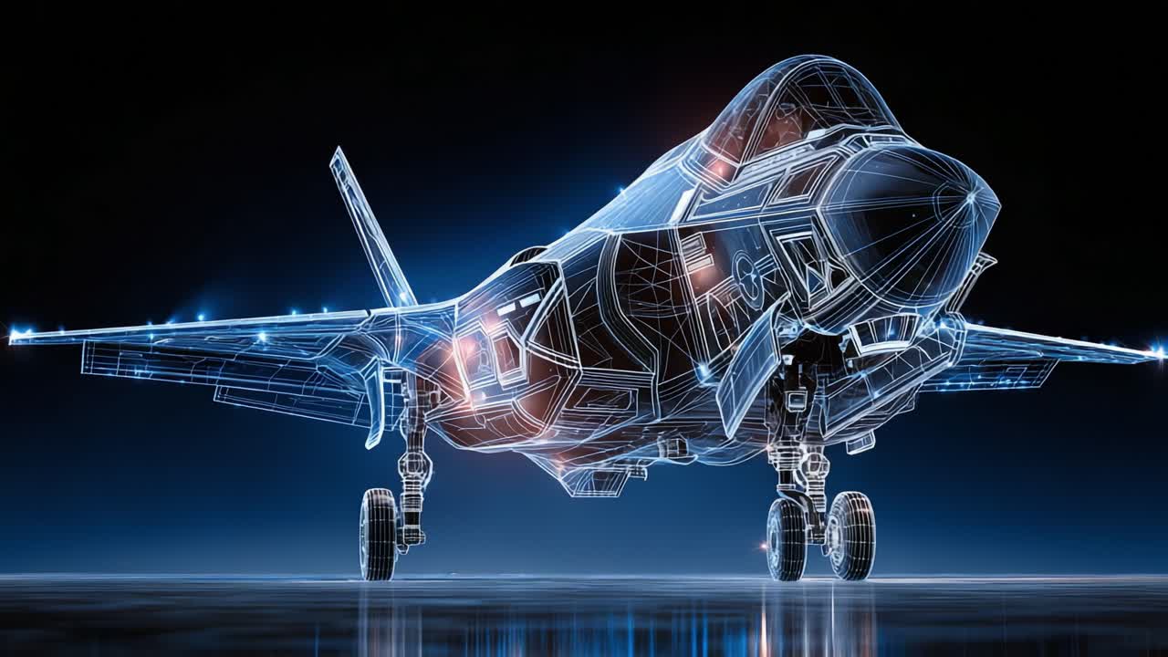 A Stunning Wireframe Visualization of a Modern Stealth Aircraft in a High-Tech Environment, Showcasing Its Innovative Design and Advanced Features with Dynamic Lighting